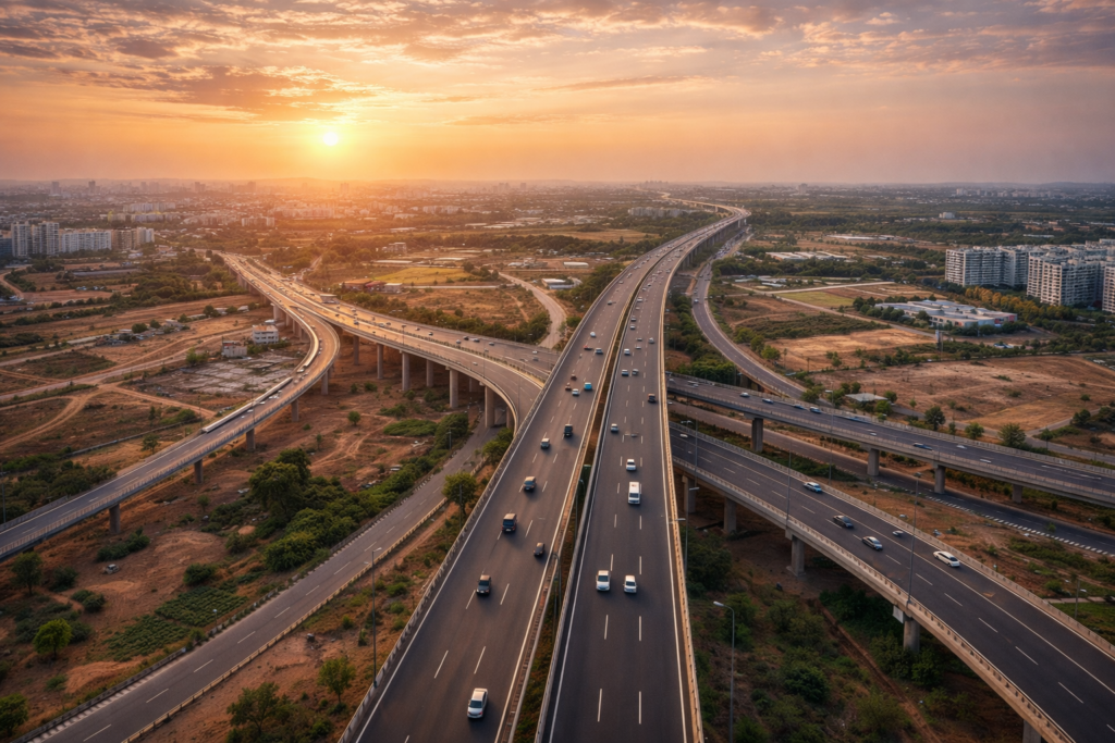 Outer Ring Road Hyderabad aerial view showing modern highway flyovers, moving vehicles, and surrounding real estate development zones at sunset