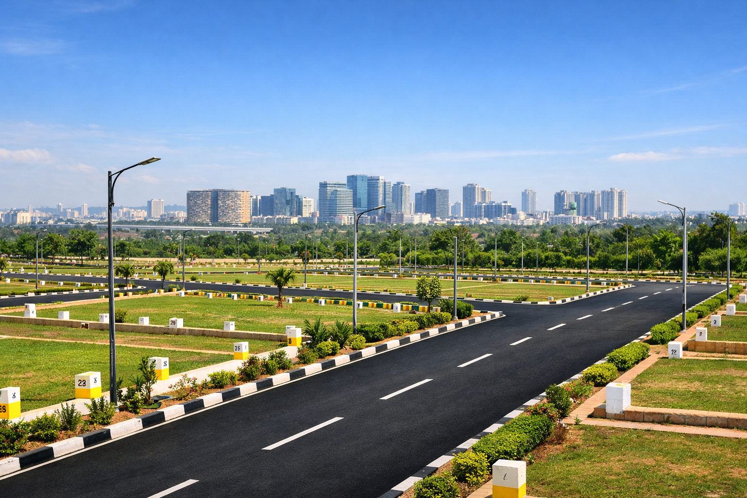 HMDA approved residential open plots in Hyderabad with wide blacktop roads, greenery and city skyline