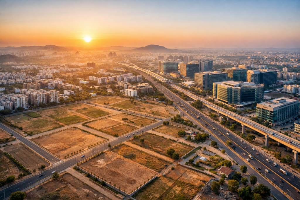 Ultra-realistic aerial view of Hyderabad city showing open plots, modern roads, IT buildings and sunrise growth for real estate investment