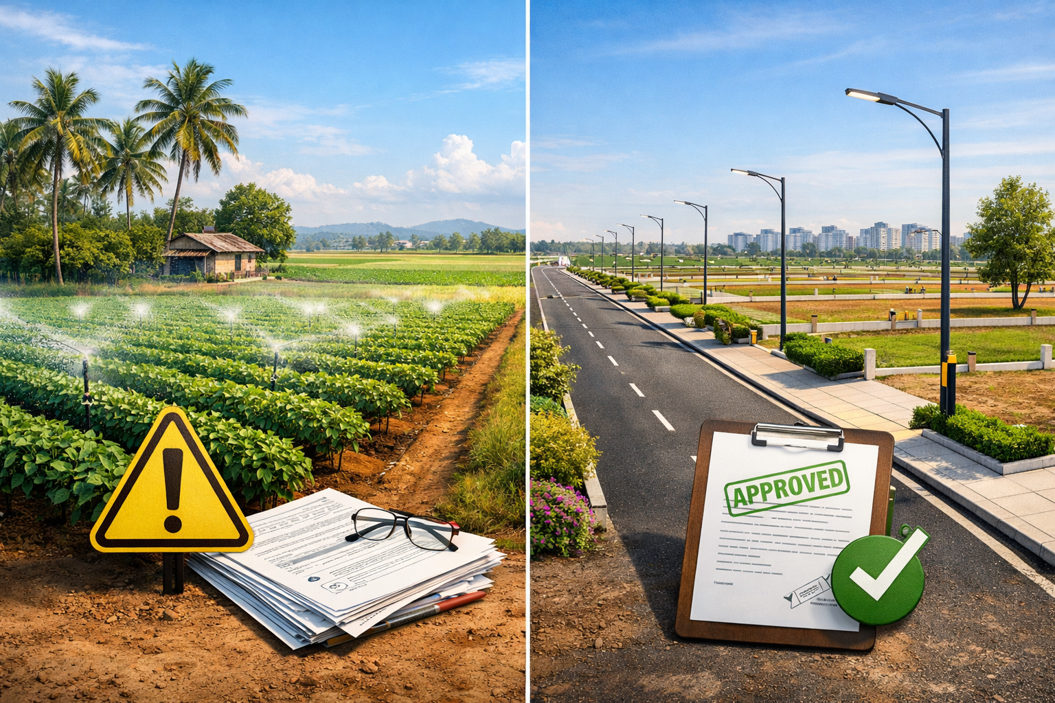 Farm land vs open plots investment comparison showing agricultural land on one side and HMDA approved residential plots with roads and streetlights on the other