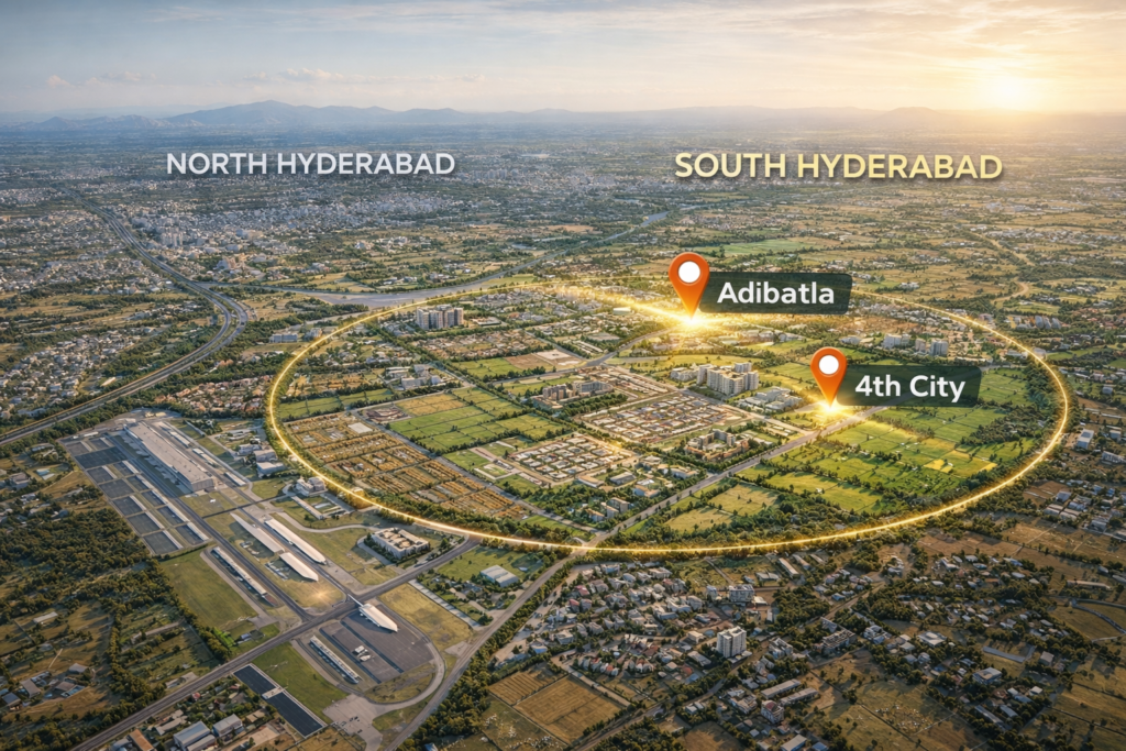 Ultra-realistic 3D aerial illustration of South Hyderabad highlighting Adibatla and 4th City zones with Outer Ring Road, airport connectivity, modern infrastructure, and planned development.