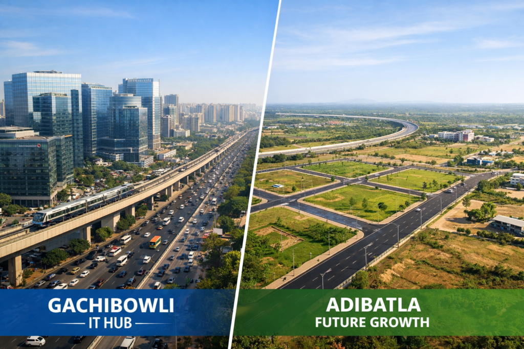 Adibatla vs Gachibowli real estate investment comparison for IT employees in Hyderabad 2026