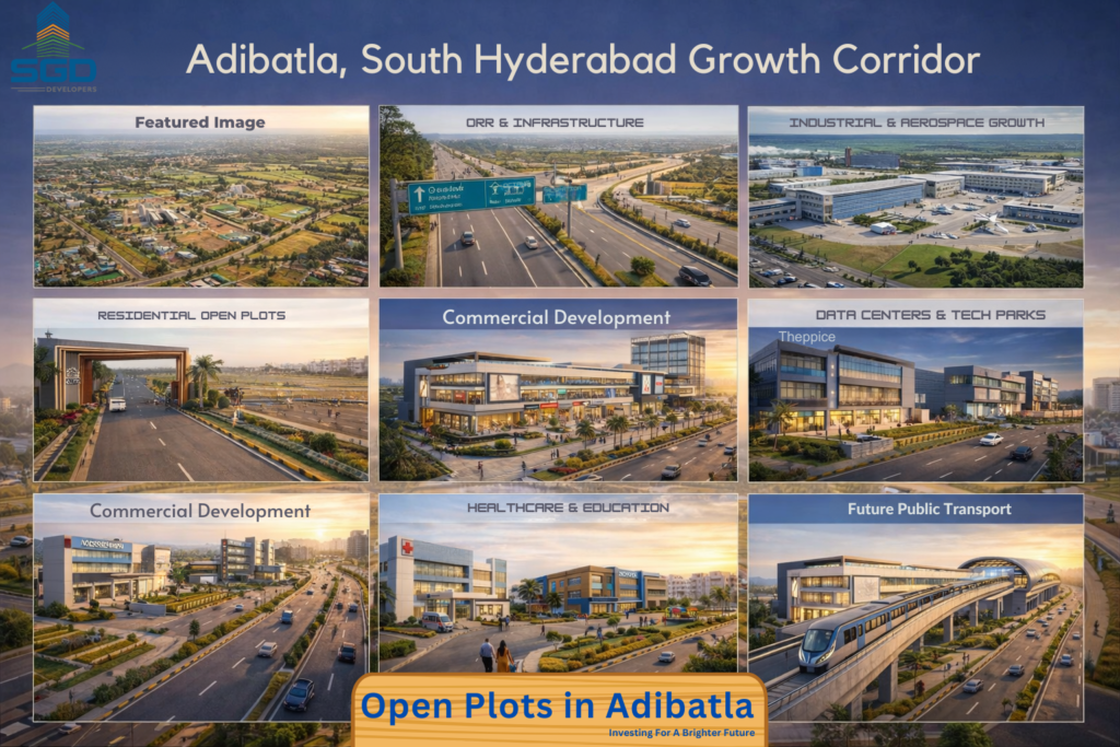3D aerial visualization of Adibatla, South Hyderabad growth corridor showing ORR connectivity, industrial hubs, residential open plots, commercial development, metro infrastructure, and future city expansion.