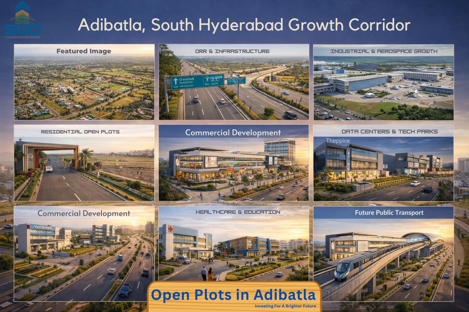 3D aerial visualization of Adibatla, South Hyderabad growth corridor showing ORR connectivity, industrial hubs, residential open plots, commercial development, metro infrastructure, and future city expansion.